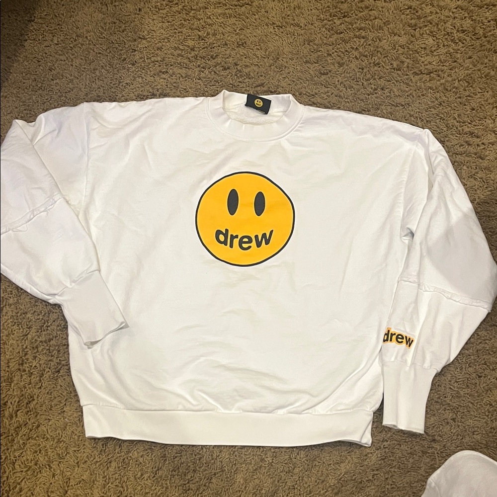 DREW White Crewneck Sweater with Yellow Emblem